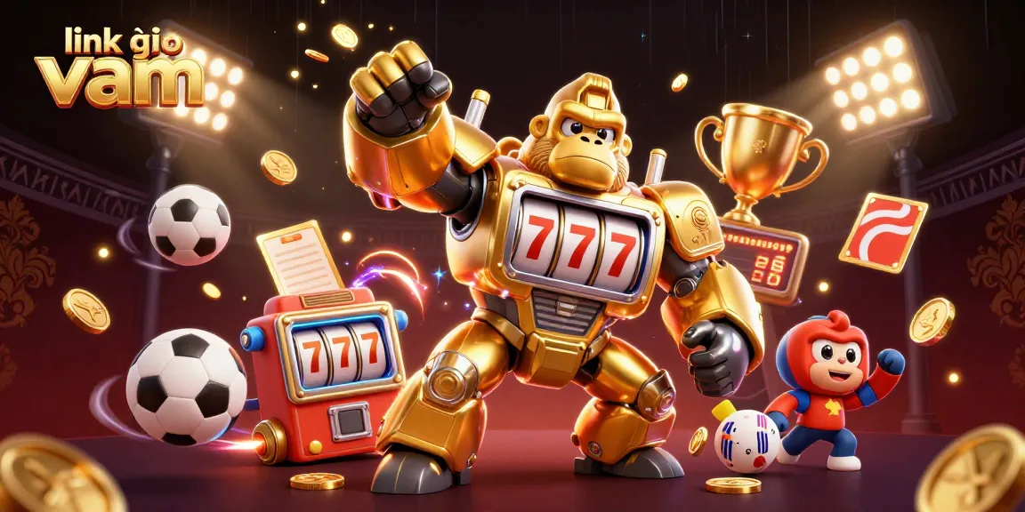 Engage with thrilling bets at link vào vmax, featuring a dynamic 3D casino scene with golden gorilla mech and vibrant sports elements.