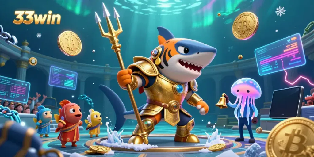 Engaging underwater scene illustrating a tiger shark in gladiator armor entertaining a crowd, embodying the spirit of 33win gaming.