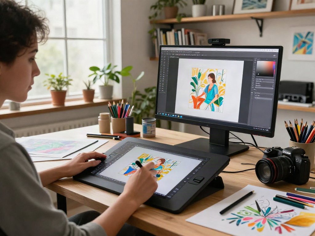 Artist creating an image to image piece in a bright studio, surrounded by colorful sketches and digital tools.