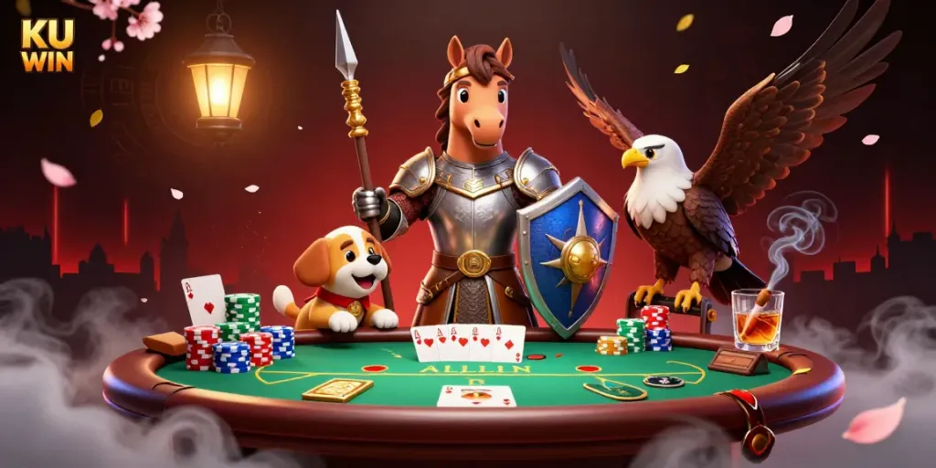 Experience thrilling gambling with KU WIN in this captivating 3D illustration featuring a knight, squire, and falcon amidst poker and casino elements.