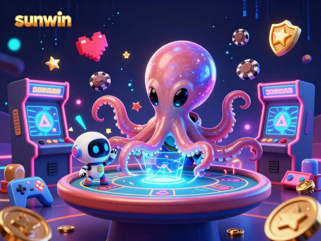 Win big with sunwin's 3D poker adventure led by an alien octopus in a vibrant casino setting.
