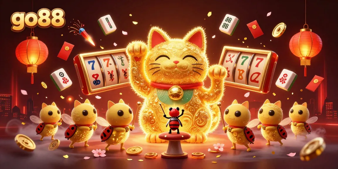 go88 brings luck with a colorful illustration of a giant lucky cat formed by golden fireflies in a vibrant casino setting