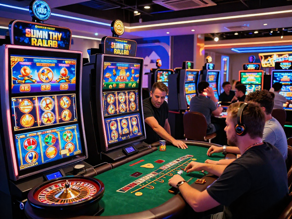 Scena di gioco online vivace in un casino non aams, con giocatori entusiasti che interagiscono con slot e tavoli da poker.