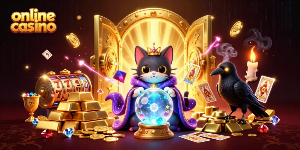 Experience the allure of an online casino with a fortune teller cat, raven, and rich treasures.