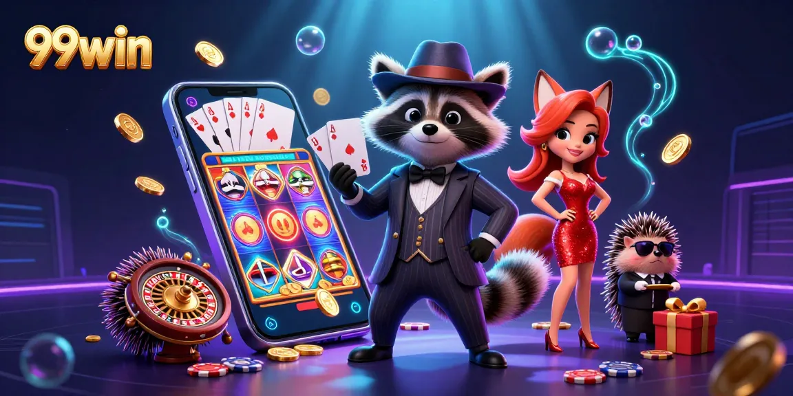 Engaging 99win 3D casino scene with suave raccoon, fox lady, and hedgehog bouncer holding a royal flush.
