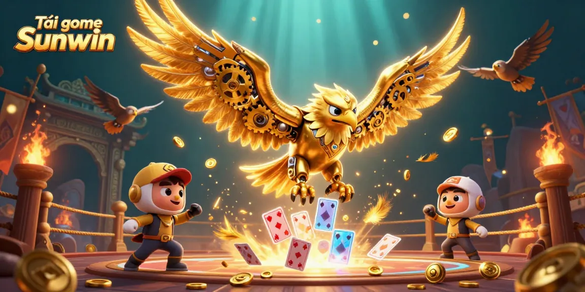 Tải game Sunwin with a vivid 3D depiction of a cybernetic golden eagle amidst dynamic gambling elements.