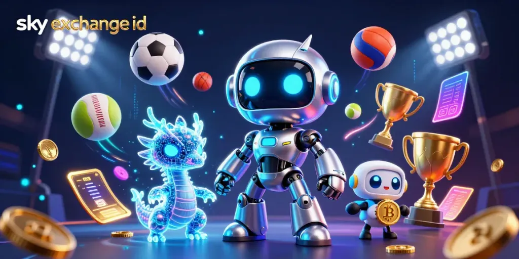 Engage with the sky exchange id platform through a vibrant bet-themed scene featuring a cyberpunk robot and sports elements.