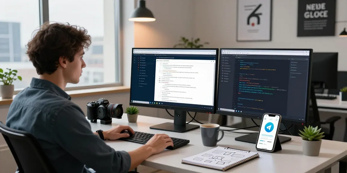 Using Telegram Web Version on dual monitors in a modern office workspace.