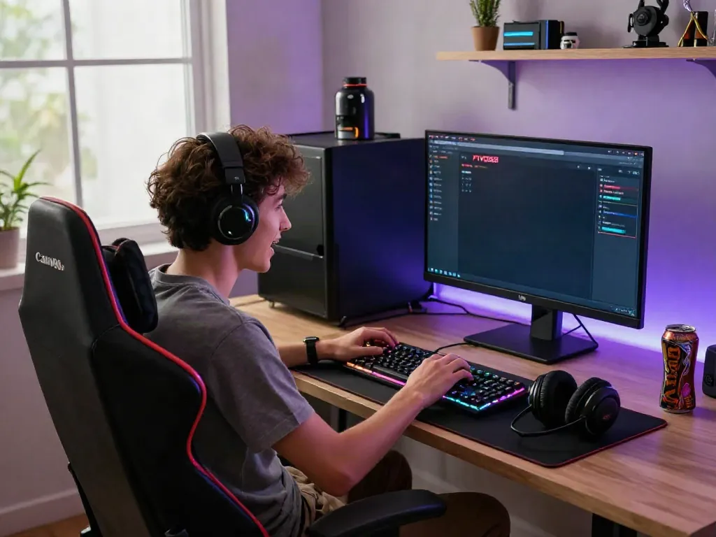 Young adult enthusiastically engaging in online betting at FIVE88 interface in a vibrant home gaming setup.