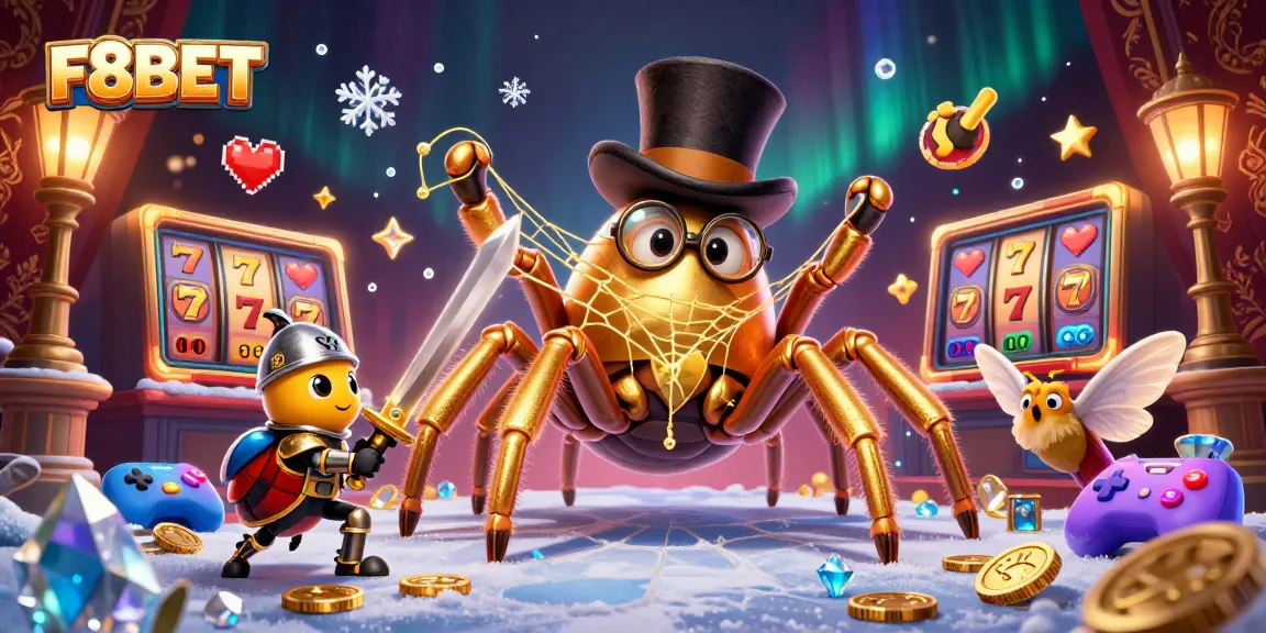 F8BET features a golden tarantula weaving webs of luck amidst vibrant slots, igniting excitement for gamblers.