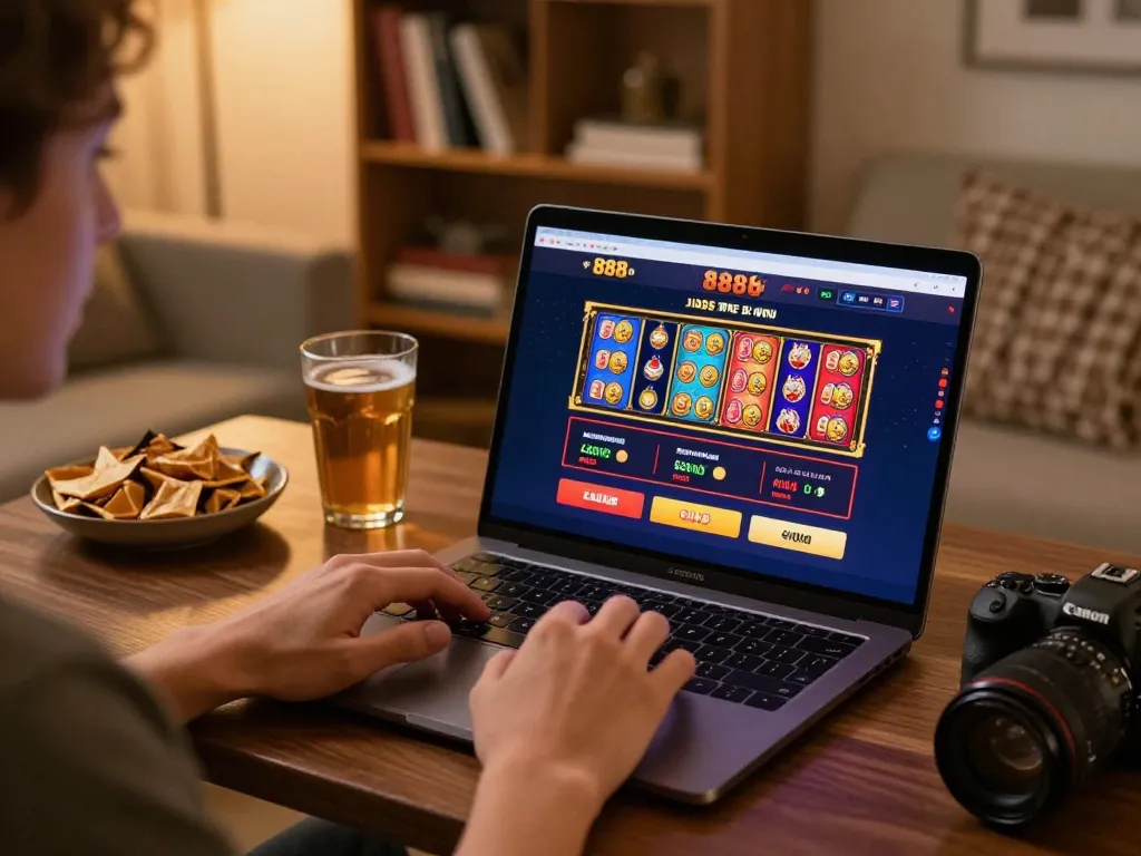 Engaged player using laptop for online gaming on 888b, showcasing exciting casino interface.