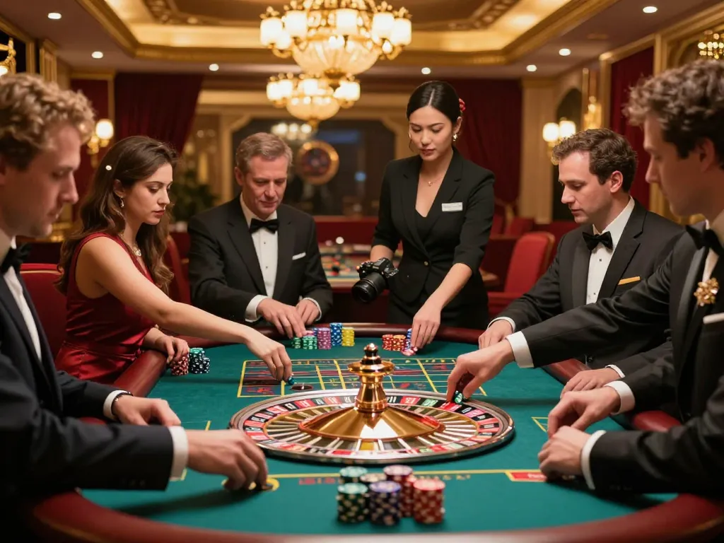 Players engaged at a roulette table, experiencing the excitement of sunwingo gaming under stunning casino lighting