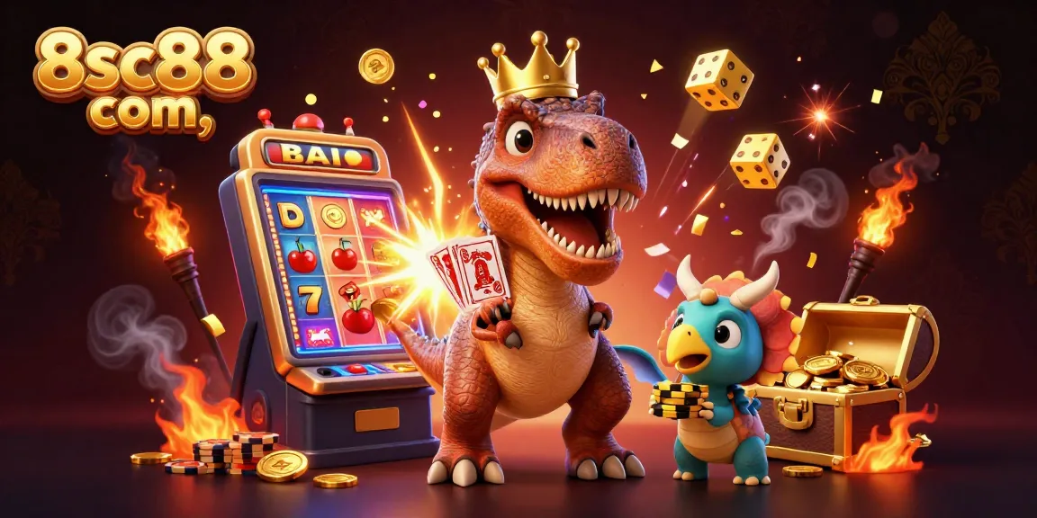 Experience exhilarating wins at 8sc88 com with a fun loving T-Rex shuffling cards and chips!