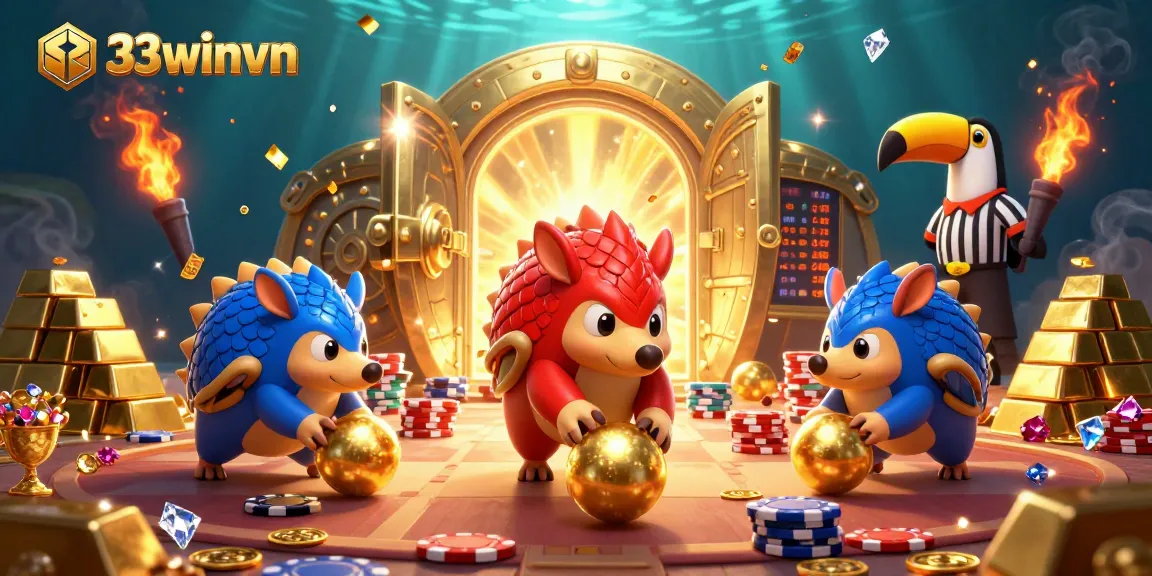Play exciting games at 33winvn, with vibrant pangolins and rich casino elements creating a thrilling atmosphere.