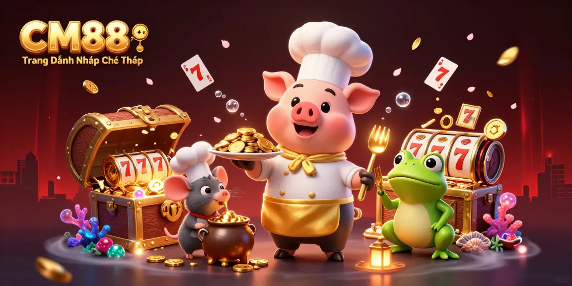 CM88 ⚽️ Trang Đăng Nhập Chính Thức highlights a vibrant casino scene with characters celebrating winnings amidst gold coins.