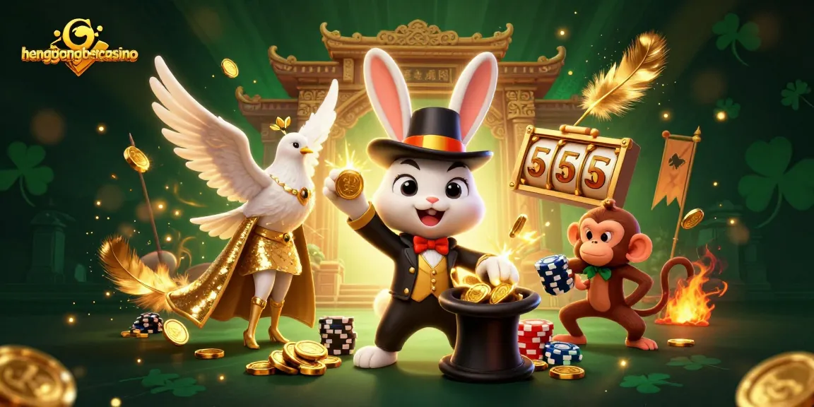 Experience the thrill of hengongbetcasino with a magician rabbit, dove, and monkey amidst sparkling coins and slot elements.