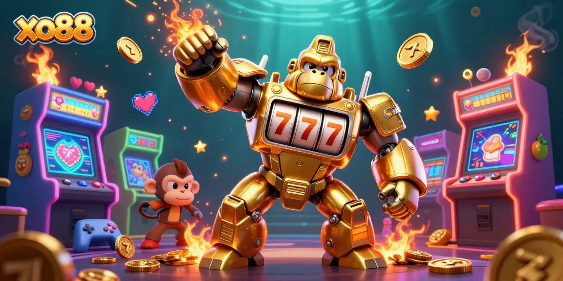 Experience the excitement of xo88 with a striking golden gorilla mech surrounded by vibrant casino elements.