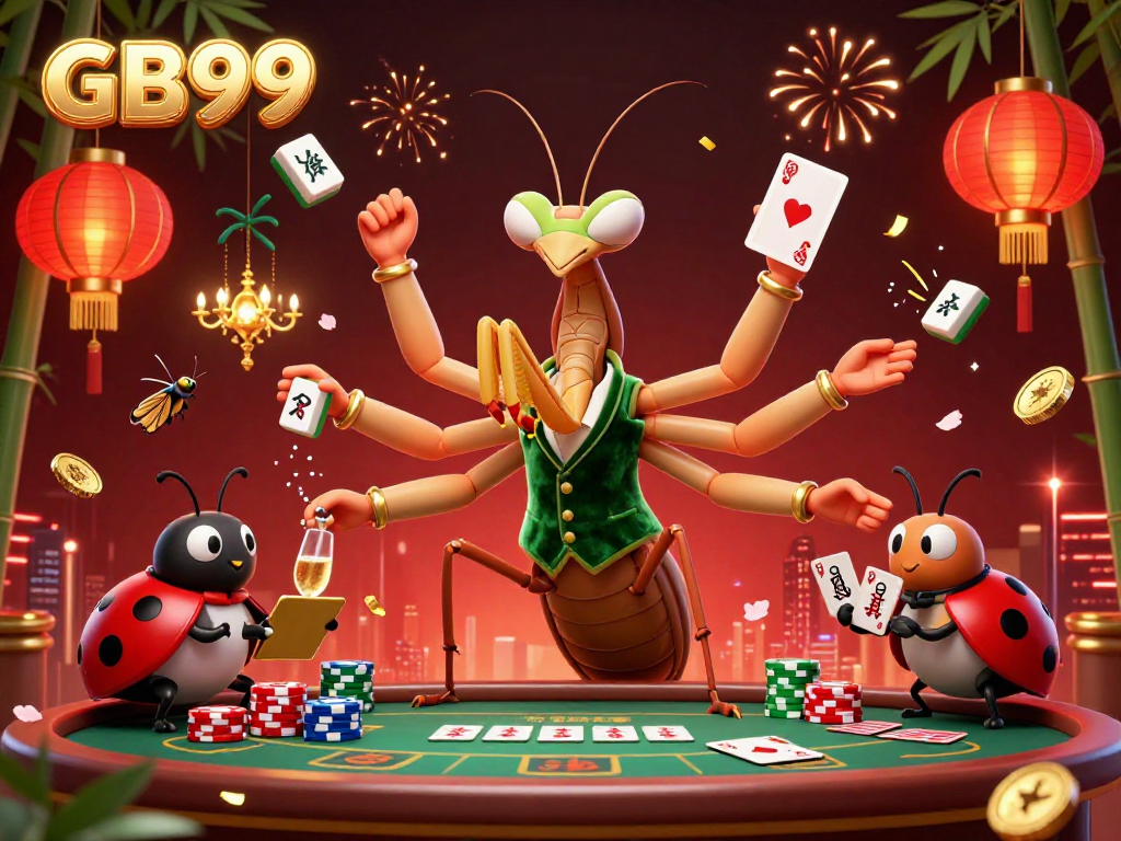 Experience winning strategies at GB99 with a dynamic scene of a gambling mantis card sharp and ladybug pit boss.
