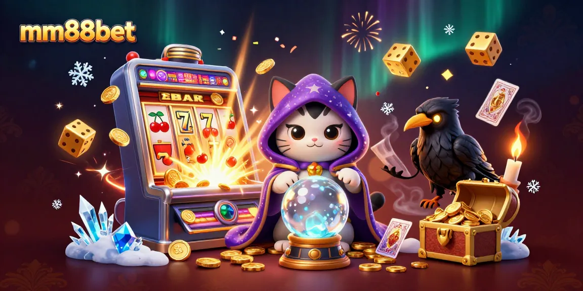 Engage with mm88bet's thrilling slots, revealed through mystic cat and raven in an enticing casino scene.