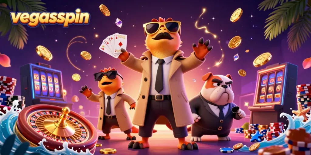 Experience excitement at vegasspin with cartoon raptors at a casino entry, surrounded by coins and game elements.