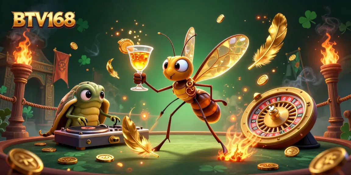 Experience BTV168 magic with a vibrant casino mascot and fossils in action-packed illustration.