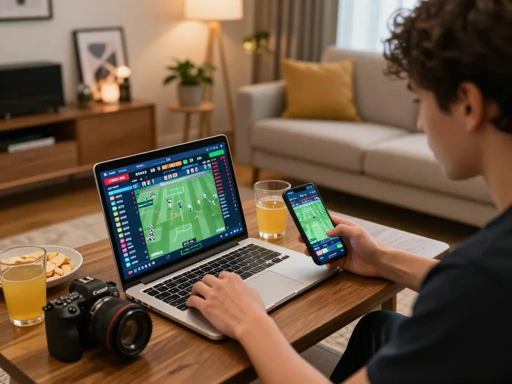 Engaging in kèo nhà cái 88 betting action from a cozy home setup, laptop and smartphone displayed with live odds.
