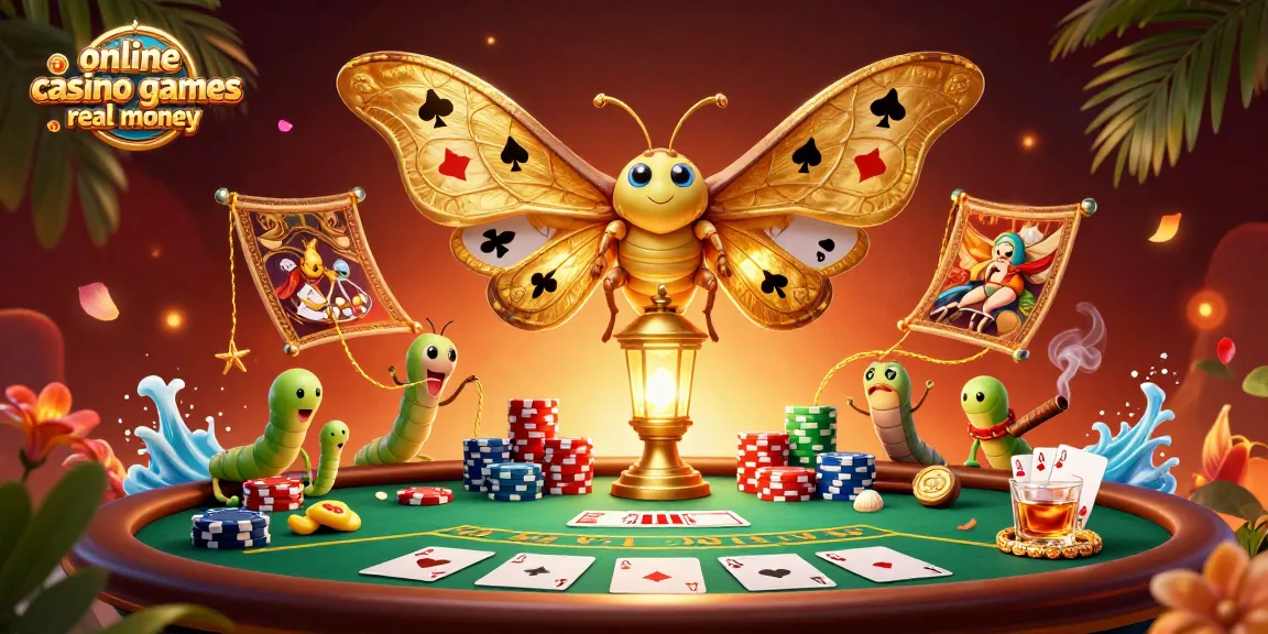 Engage in online casino games real money with an enchanting scene of a colorful atlas moth and dynamic poker elements.