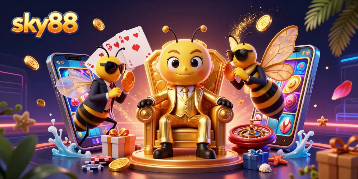 Engage with sky88's vibrant gaming scene featuring a bumblebee mob boss and colorful slot elements.
