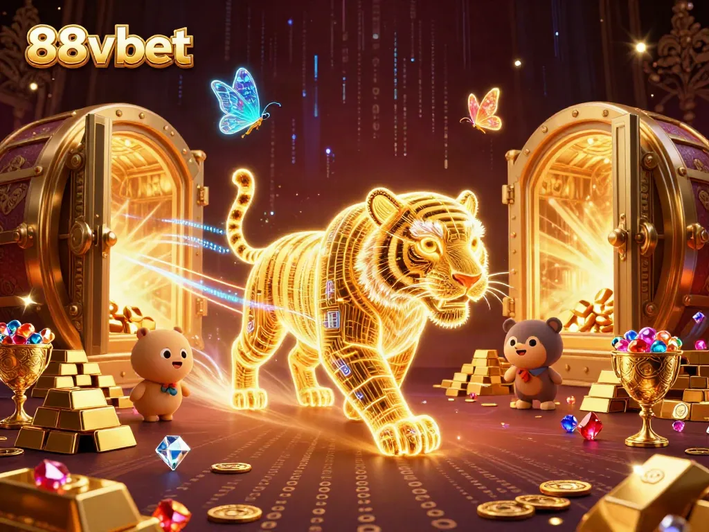 Engage in thrilling gameplay at 88vbet with vibrant 3D neon visuals of golden tiger and holographic elements.