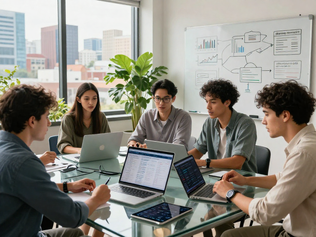 Team collaborating in a modern workspace illustrating debet com's innovative financial solutions.