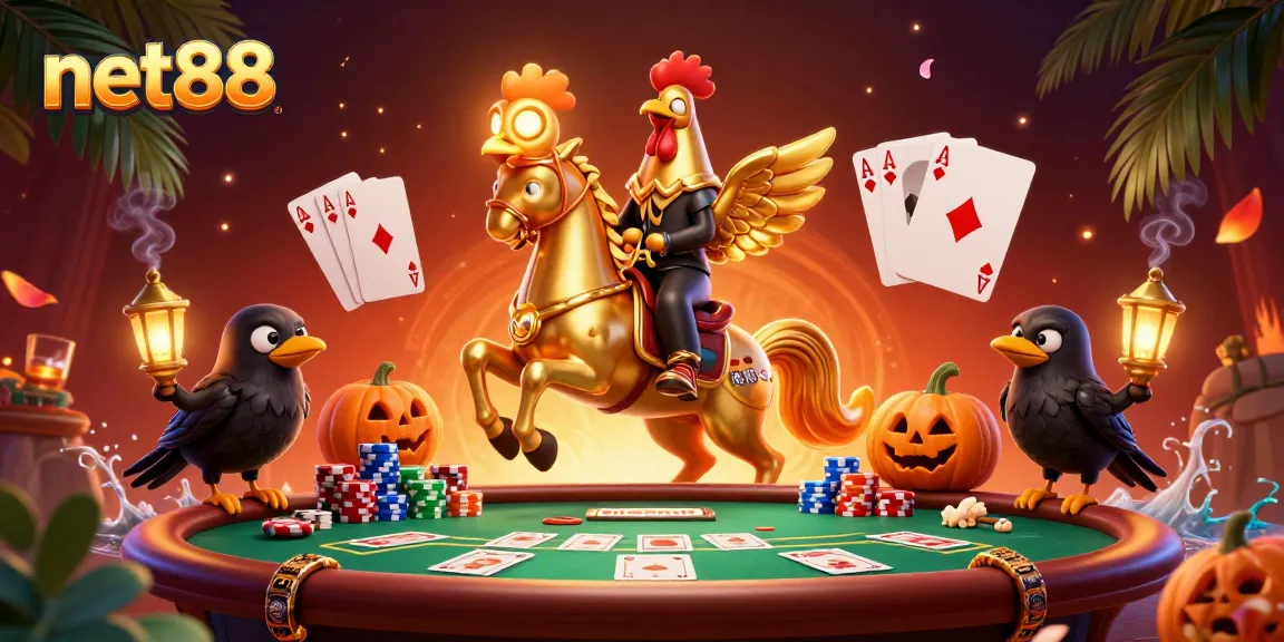 Experience thrilling action at net88 with a vibrant casino scene showcasing a golden rooster and poker elements.