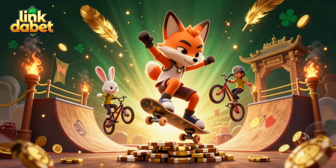 Engage in action-packed gameplay with link dabet as a skateboarder fox performs tricks over golden poker chips.