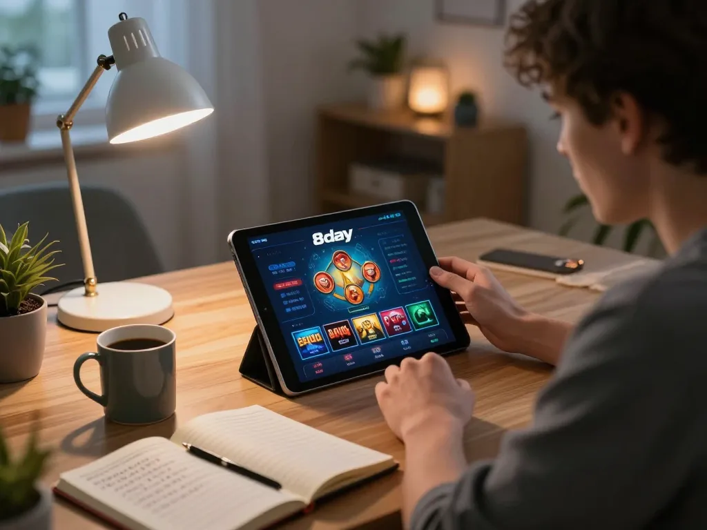 Engaging with the 8day casino app on a modern tablet during an evening gaming session