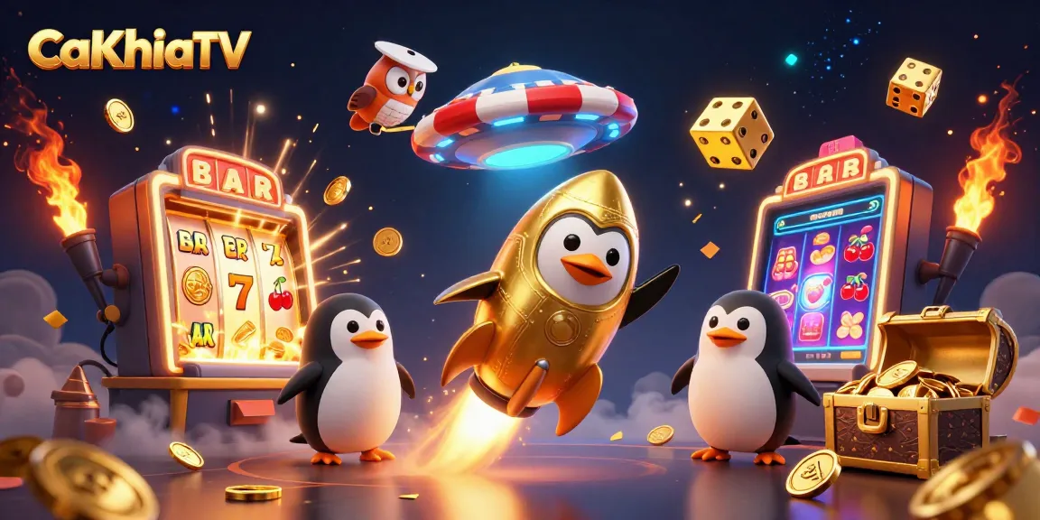 Experience the thrilling action of CaKhiaTV with a golden penguin and casino elements in space.