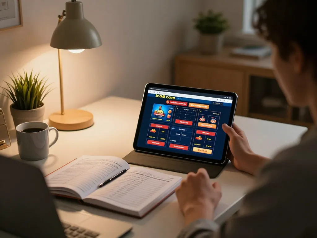 Engaged player utilizing lc88 com on tablet for online gambling strategy at home.
