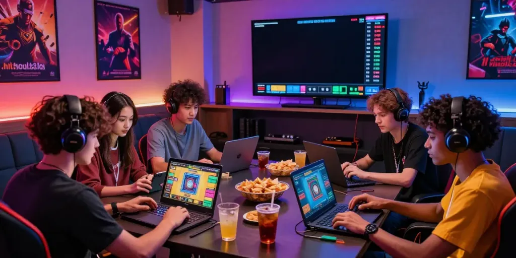 Engaged gamers enjoying online card games at https://hitclub3.io/ in a modern gaming lounge.