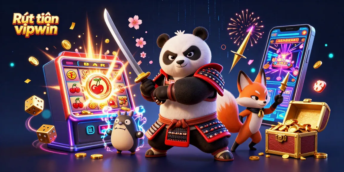 Experience exciting Rút tiền vipwin with a vibrant 3D illustration of characters and dynamic casino elements.