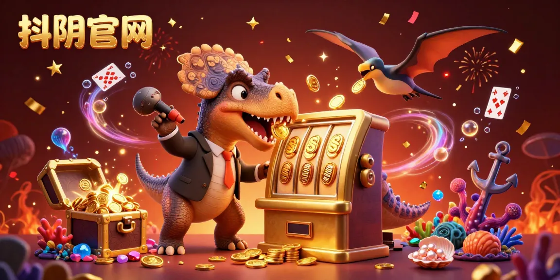 Catch the excitement at 抖阴官网 with a colorful 3D casino scene featuring a dinosaur jackpot moment.