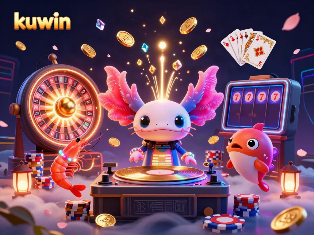 Experience the excitement of kuwin with a neon axolotl DJ spinning records amid dazzling casino elements.