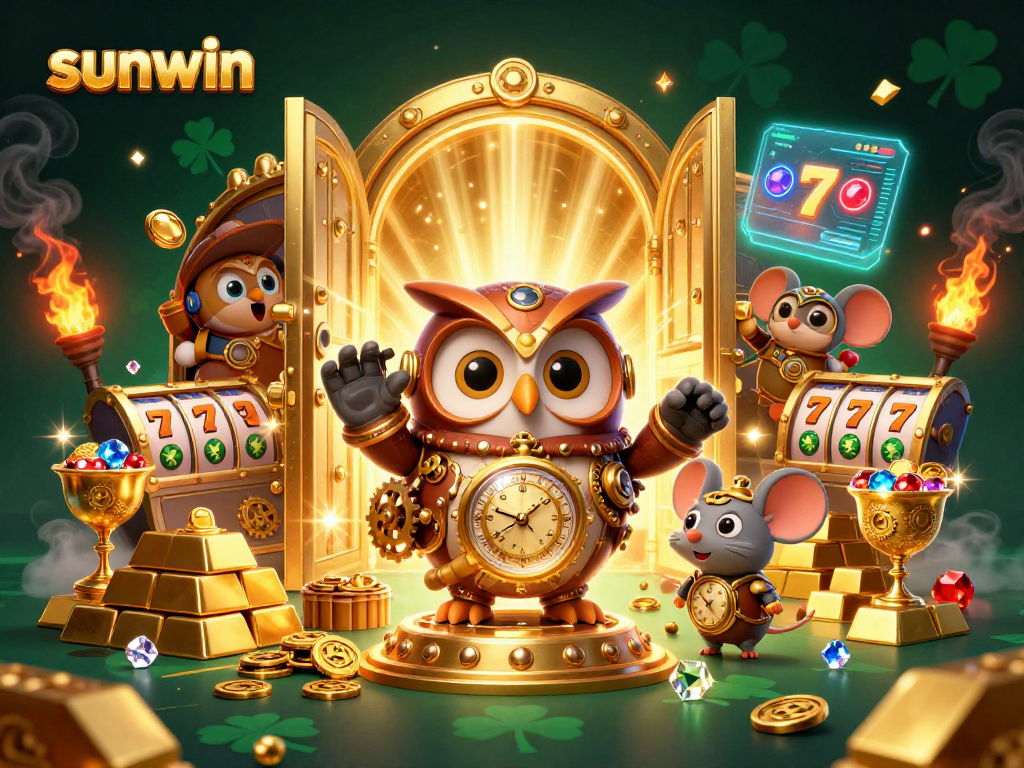Experience thrilling wins with sunwin in a dynamic 3D casino scene featuring an owl and slot reels.