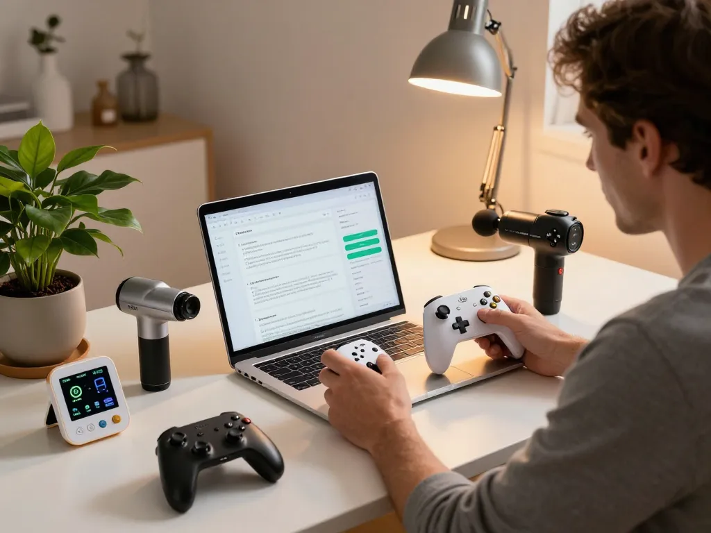 Discover the best tech gadgets for men including Bluetooth controllers and smart tools in a modern workspace.
