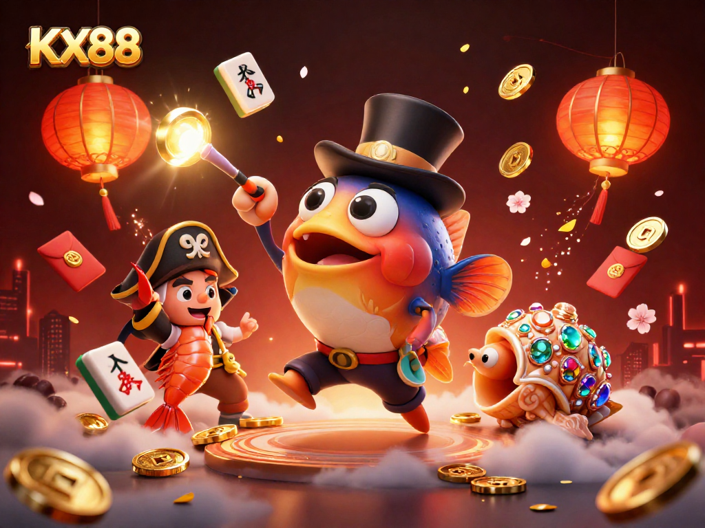 KX88 offers a thrilling casino experience with vibrant characters and dynamic gaming elements surrounding them.