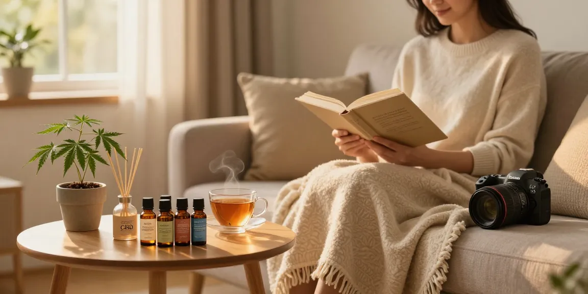 Ministry of Cannabis CBD oil assortment in a calming home wellness scene, featuring natural herbs and a cozy reading corner.