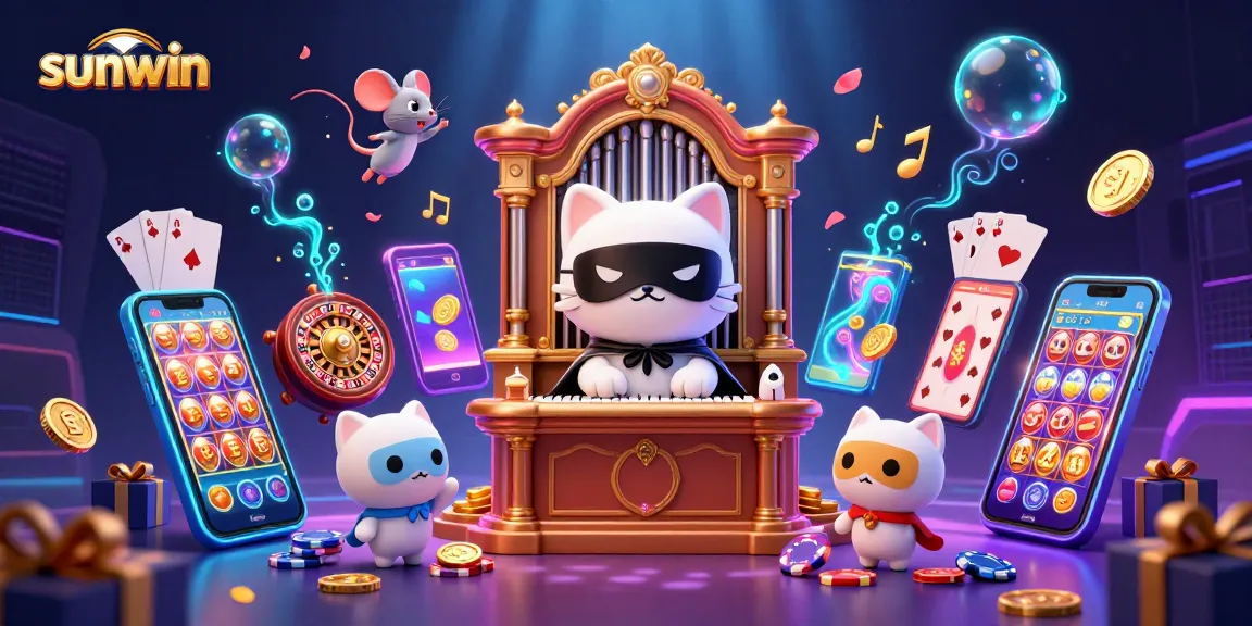 Engage with sunwin's vibrant casino world featuring a cat organist, acrobatic mouse, and dynamic game elements.