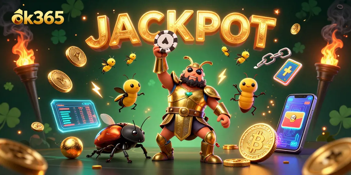 Join the excitement at ok365 as the gladiator beetle celebrates a big win amidst vibrant casino elements.