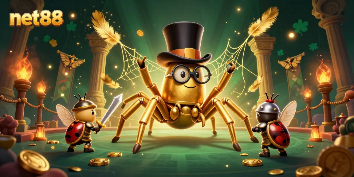 Join the excitement of net88’s golden gaming scene with whimsical characters in a vibrant casino atmosphere.
