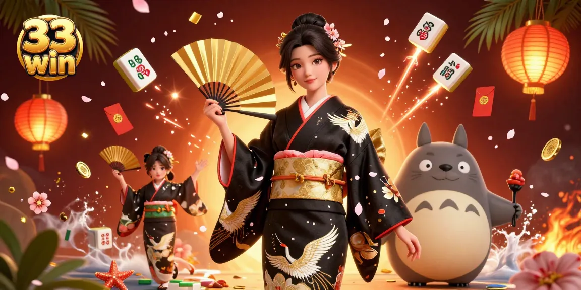 Experience the 33 win excitement with a vibrant 3D illustration showcasing an Asian woman and tanuki amid glowing lanterns and casino elements.