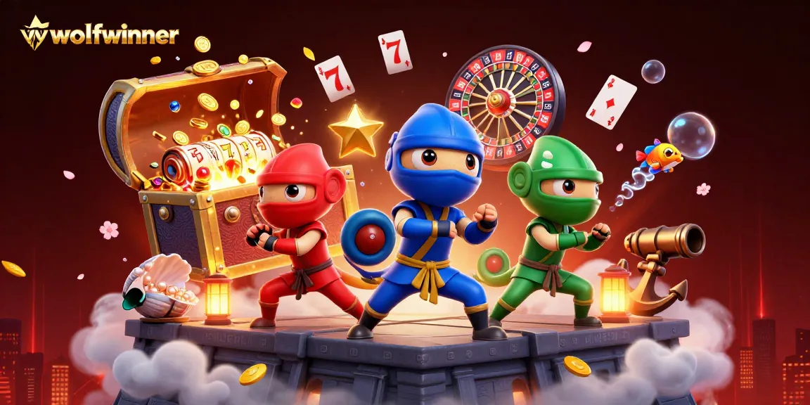 wolfwinner showcases a dynamic 3D casino scene with chameleon ninjas and vibrant gaming elements