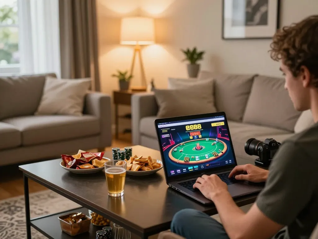 Online gaming scene on ee88 platform showing poker gameplay in warm home setup