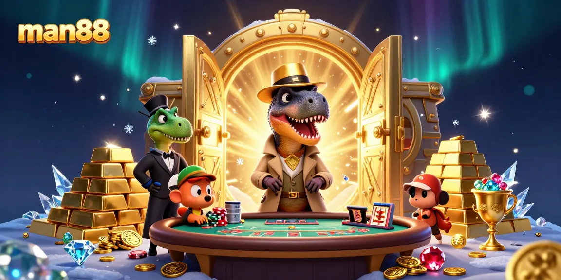 man88 gaming scene with a cartoon velociraptor counter looking sneaky at a blackjack table